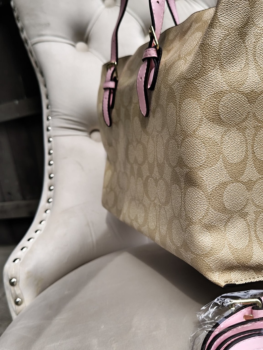 Coach Khaki Signature Canvas Tote with Pink Trim - Picture 3 of 6